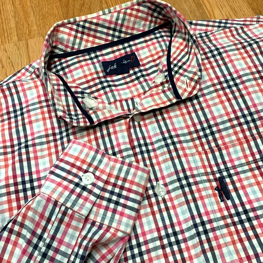 Johnnie-O Mens Medium Plaid Button Front Long Sleeve Shirt Red Check